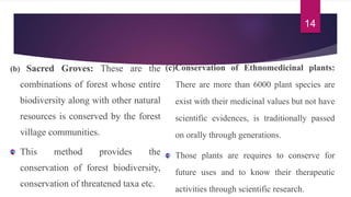 (b) Sacred Groves: These are the
combinations of forest whose entire
biodiversity along with other natural
resources is conserved by the forest
village communities.
This method provides the
conservation of forest biodiversity,
conservation of threatened taxa etc.
(c)Conservation of Ethnomedicinal plants:
There are more than 6000 plant species are
exist with their medicinal values but not have
scientific evidences, is traditionally passed
on orally through generations.
Those plants are requires to conserve for
future uses and to know their therapeutic
activities through scientific research.
14
 