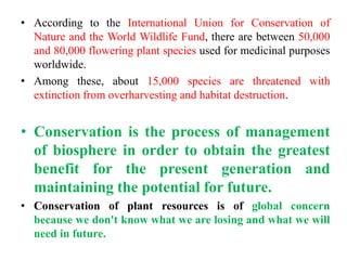 • According to the International Union for Conservation of
Nature and the World Wildlife Fund, there are between 50,000
and 80,000 flowering plant species used for medicinal purposes
worldwide.
• Among these, about 15,000 species are threatened with
extinction from overharvesting and habitat destruction.
• Conservation is the process of management
of biosphere in order to obtain the greatest
benefit for the present generation and
maintaining the potential for future.
• Conservation of plant resources is of global concern
because we don't know what we are losing and what we will
need in future.
 