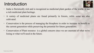 Introduction
• India is floristically rich and is recognized as medicinal plant garden of the world. It has
a rich medicinal plant heritage.
• A variety of medicinal plants are found primarily in forests, while some are also
cultivated.
• Conservation is the process of managing the biosphere in order to increase its benefit to
the current generation while preserving the potential for future generations.
• Conservation of Plant resource is a global concern since we are unaware of what we're
losing or what we'll need in the future.
 