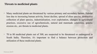 Threats to medicinal plants
• Many medicinal plants are threatened by various primary and secondary factors. Habitat
loss due to increasing human activity, forest decline, spread of alien species, destructive
collection of plant species, industrialization, over exploitation, changes in agricultural
practices, excessive use of agrochemicals, natural and manmade calamities, genetic
erosion etc., are threats to medicinal plants.
• 70 to 80 medicinal plants out of 300, are suspected to be threatened or endangered in
South India. Therefore, it's important to find a balance between protection and
utilization of these medicinal plants.
 