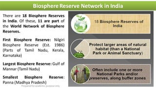 Preparedforacademic purpose only
25
Biosphere Reserve Network in India
There are 18 Biosphere Reserves
in India. Of these, 11 are part of
the World Network of Biosphere
Reserves.
First Biosphere Reserve: Nilgiri
Biosphere Reserve (Est. 1986)
(Parts of Tamil Nadu, Kerala,
Karnataka)
Largest Biosphere Reserve: Gulf of
Mannar (Tamil Nadu)
Smallest Biosphere Reserve:
Panna (Madhya Pradesh)
 