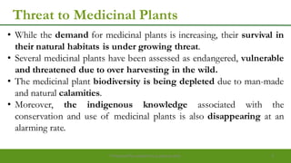 Threat to Medicinal Plants
• While the demand for medicinal plants is increasing, their survival in
their natural habitats is under growing threat.
• Several medicinal plants have been assessed as endangered, vulnerable
and threatened due to over harvesting in the wild.
• The medicinal plant biodiversity is being depleted due to man-made
and natural calamities.
• Moreover, the indigenous knowledge associated with the
conservation and use of medicinal plants is also disappearing at an
alarming rate.
Preparedforacademic purpose only 5
 