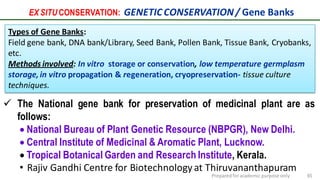 EX SITU CONSERVATION: GENETICCONSERVATION/ Gene Banks
Preparedforacademic purpose only 65
 The National gene bank for preservation of medicinal plant are as
follows:
 National Bureau of Plant Genetic Resource (NBPGR), New Delhi.
 Central Institute of Medicinal & Aromatic Plant, Lucknow.
 Tropical Botanical Garden and Research Institute, Kerala.
• Rajiv Gandhi Centre for Biotechnologyat Thiruvananthapuram
Types of Gene Banks:
Field gene bank, DNA bank/Library, Seed Bank, Pollen Bank, Tissue Bank, Cryobanks,
etc.
Methods involved: In vitro storage or conservation, low temperature germplasm
storage,in vitro propagation & regeneration, cryopreservation- tissue culture
techniques.
 