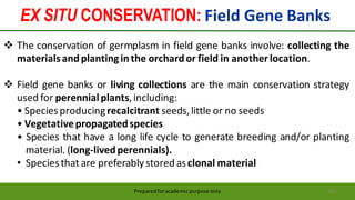 EX SITU CONSERVATION: Field Gene Banks
Preparedforacademic purpose only 66
 The conservation of germplasm in field gene banks involve: collecting the
materialsandplantinginthe orchardor field in anotherlocation.
 Field gene banks or living collections are the main conservation strategy
used for perennialplants,including:
• Speciesproducingrecalcitrant seeds,little or no seeds
• Vegetativepropagatedspecies
• Species that have a long life cycle to generate breeding and/or planting
material. (long-livedperennials).
• Speciesthat are preferably stored asclonal material
 