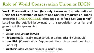 Role of World Conservation Union or IUCN
Preparedforacademic purpose only
7
World Conservation Union (formerly known as the International
Union for Conservation of Nature and Natural Resources i.e. IUCN)
categorized ENDANGERED plant species in “Red List Categories”
based on the detailed knowledge of the population dynamics and
geneticsof the species viz.:
• Rare
• Extinct and Extinct In Wild
• Threatened (Critically Endangered, Endangered and Vulnerable)
• Low Risk (Conservation Dependent, Near threatened and Least
Concern)
• Indeterminate where the data is insufficient.
 