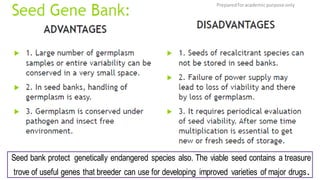 Preparedforacademic purpose only
74
Seed bank protect genetically endangered species also. The viable seed contains a treasure
trove of useful genes that breeder can use for developing improved varieties of major drugs.
 
