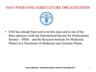 FAO- FOOD AND AGRICULTURE ORGANIZATION
• FAO has already been active on this issue and is one of the
three sponsors (with the International Society for Horticultural
Science – SIHS – and the Research Institute for Medicinal
Plants) of a Newsletter of Medicinal and Aromatic Plants.
12
GCOP, AMRAVATI (PHARMACOGNOSY AND PHYTOCHEMISTRY)
 