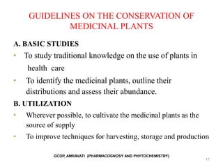 GUIDELINES ON THE CONSERVATION OF
MEDICINAL PLANTS
A. BASIC STUDIES
• To study traditional knowledge on the use of plants in
health care
• To identify the medicinal plants, outline their
distributions and assess their abundance.
B. UTILIZATION
• Wherever possible, to cultivate the medicinal plants as the
source of supply
• To improve techniques for harvesting, storage and production
17
GCOP, AMRAVATI (PHARMACOGNOSY AND PHYTOCHEMISTRY)
 