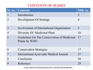 CONTENTS OF SLIDES
Sr. no. Contents Slide no.
1 Introduction 3
2 Development Of Strategy 4
3 Involvement of International Organization 5
4 Diversity Of Medicinal Plant 16
5 Guidelines On The Conservation of Medicinal
Plants by WHO
17
6 Conservation Strategies 17
7 International Ayurvedic Medical Journal 27
8 Conclusion 28
9 Reference 29
2
GCOP, AMRAVATI (PHARMACOGNOSY AND PHYTOCHEMISTRY)
 