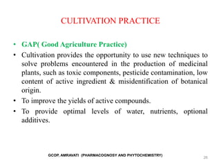 CULTIVATION PRACTICE
• GAP( Good Agriculture Practice)
• Cultivation provides the opportunity to use new techniques to
solve problems encountered in the production of medicinal
plants, such as toxic components, pesticide contamination, low
content of active ingredient & misidentification of botanical
origin.
• To improve the yields of active compounds.
• To provide optimal levels of water, nutrients, optional
additives.
26
GCOP, AMRAVATI (PHARMACOGNOSY AND PHYTOCHEMISTRY)
 