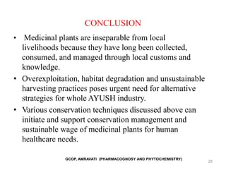 CONCLUSION
• Medicinal plants are inseparable from local
livelihoods because they have long been collected,
consumed, and managed through local customs and
knowledge.
• Overexploitation, habitat degradation and unsustainable
harvesting practices poses urgent need for alternative
strategies for whole AYUSH industry.
• Various conservation techniques discussed above can
initiate and support conservation management and
sustainable wage of medicinal plants for human
healthcare needs.
GCOP, AMRAVATI (PHARMACOGNOSY AND PHYTOCHEMISTRY)
28
 