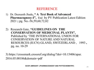 REFERENCE
1) Dr. Deenanth Jhade, “ A Text Book of Advanced
Pharmacognosy-I”, Etal by PV Publication Latest Edition
2021 ; pg. No.-56,59,60,72,82
2) Research Gate, “GUIDELINES ON THE
CONSERVATION OF MEDICINAL PLANTS”,
Published by ‘THE INTERNATIONAL UNION FOR
CONSERVATION OF NATURE AND NATURAL
RESOURCES (IUCN) GLAND, SWITZERLAND , 1993 ,
pg. no. 10-29
3) https://crossmark.crossref.org/dialog/?doi=10.15406/apar.
2016.05.00186&domain=pdf
29
GCOP, AMRAVATI (PHARMACOGNOSY AND PHYTOCHEMISTRY)
 