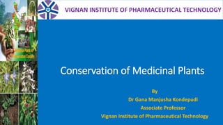 Conservation of Medicinal Plants
By
Dr Gana Manjusha Kondepudi
Associate Professor
Vignan Institute of Pharmaceutical Technology
VIGNAN INSTITUTE OF PHARMACEUTICAL TECHNOLOGY
 
