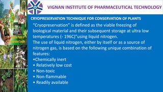 VIGNAN INSTITUTE OF PHARMACEUTICAL TECHNOLOGY
“Cryopreservation” is defined as the viable freezing of
biological material and their subsequent storage at ultra low
temperatures (- 196C)”using liquid nitrogen.
The use of liquid nitrogen, either by itself or as a source of
nitrogen gas, is based on the following unique combination of
features:
•Chemically inert
• Relatively low cost
• Non-toxic
• Non-flammable
• Readily available
CRYOPRESERVATION TECHNIQUE FOR CONSERVATION OF PLANTS
 