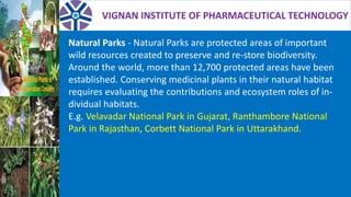 VIGNAN INSTITUTE OF PHARMACEUTICAL TECHNOLOGY
Natural Parks - Natural Parks are protected areas of important
wild resources created to preserve and re-store biodiversity.
Around the world, more than 12,700 protected areas have been
established. Conserving medicinal plants in their natural habitat
requires evaluating the contributions and ecosystem roles of in-
dividual habitats.
E.g. Velavadar National Park in Gujarat, Ranthambore National
Park in Rajasthan, Corbett National Park in Uttarakhand.
 