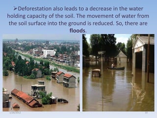 Deforestation also leads to a decrease in the water
holding capacity of the soil. The movement of water from
 the soil surface into the ground is reduced. So, there are
                           floods.




1/26/2012                                                10
 