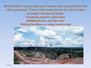 Deforestation means clearing of forests and using that land for
  other purposes. Trees in the forest are cut for some of the
                purposes mentioned below:
                Procuring land for cultivation
                Building houses and factories
            Making furniture or using wood as fuel




 1/26/2012                                                   4
 