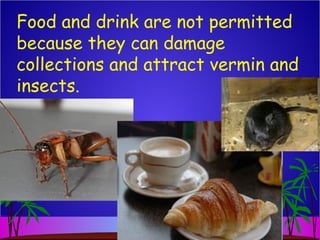 Food and drink are not permitted
because they can damage
collections and attract vermin and
insects.
 