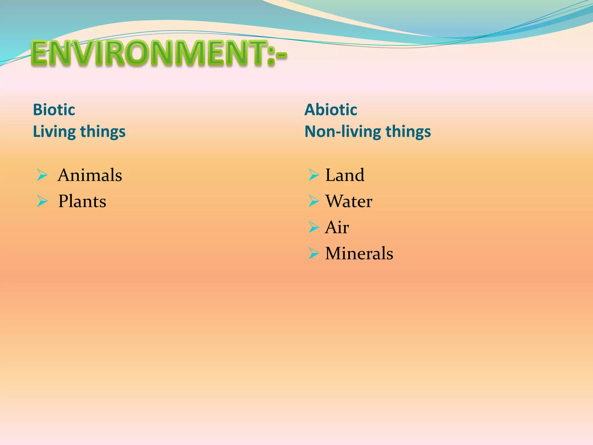 Biotic
Living things
Abiotic
Non-living things
 Animals
 Plants
 Land
 Water
 Air
 Minerals
 