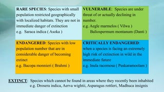RARE SPECIES: Species with small
population restricted geographically
with localized habitats. They are not in
immediate danger of extinction
e.g. Saraca indica ( Asoka )
VULNERABLE: Species are under
threat of or actually declining in
number.
e.g. Aegle marmelos ( Vilwa )
Baliospermum montanum (Danti )
ENDANGERED: Species with low
population number that are in
considerable danger of becoming
extinct
e.g. Bacopa monnieri ( Brahmi )
CRITICALLY ENDANGERED:
when a species is facing an extremely
high risk of extinction in wild in the
immediate future
e.g. Inula racemosa ( Puskaramoolam )
EXTINCT: Species which cannot be found in areas where they recently been inhabited
e.g. Drosera indica, Aerva wightii, Asparagus rottleri, Madhuca insignis
 