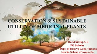 CONSERVATION & SUSTAINABLE
UTILITY OF MEDICINAL PLANTS
Dr.AkhilRaj.A.R
PG Scholar
Dept. of Dravya Guna Vijnana
Amrita School of Ayurveda
 