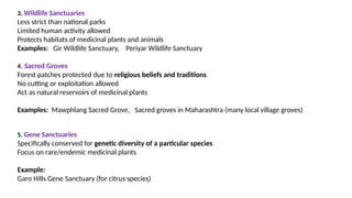 3. Wildlife Sanctuaries
Less strict than national parks
Limited human activity allowed
Protects habitats of medicinal plants and animals
Examples: Gir Wildlife Sanctuary, Periyar Wildlife Sanctuary
4. Sacred Groves
Forest patches protected due to religious beliefs and traditions
No cutting or exploitation allowed
Act as natural reservoirs of medicinal plants
Examples: Mawphlang Sacred Grove, Sacred groves in Maharashtra (many local village groves)
5. Gene Sanctuaries
Specifically conserved for genetic diversity of a particular species
Focus on rare/endemic medicinal plants
Example:
Garo Hills Gene Sanctuary (for citrus species)
 