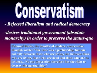 - Rejected liberalism and radical democracy
-desires traditional government (absolute
monarchy) in order to preserve the status-quo
Edmund Burke, the founder of modern conservative
thought, wrote: “The state was a partnership, but one
not only between those who are living, but between those
who are living, those who are dead and those who are to
be born…No one generation therefore has the right to
destroy this partnership.”
 