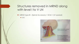 Structures removed in MRND along
with level I to V LN
 MRND type III – (Spinal Accessory + SCM + IJV spared)
 SSG
 