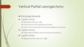 Vertical Partial Laryngectomy
 Oncological results
 T1 glottic cancer
 Recurrence rates are <10%
 If ant comm not invoved 93% local control
 If ant comm invoved 75% local control( subglottic recurrence)
 T2 glottic cancer
 Failure rates of 4-26% ( cricoid and thyroid involvement)
 T3 glottic cancer
 Higher recurrence rates of 11-46%
 