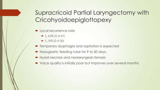 Supracricoid Partial Laryngectomy with
Cricohyoidoepiglottopexy
 Local recurrence rate
 T2 4.5% (3 of 67)
 T3 10% (2 of 20)
 Temporary dysphagia and aspiration is expected
 Nasogastric feeding tube for 9 to 50 days.
 Hyoid necrosis and neolaryngeal stenosis
 Voice quality is initially poor but improves over several months
 