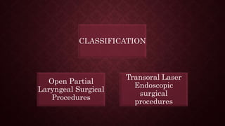 CLASSIFICATION
Open Partial
Laryngeal Surgical
Procedures
Transoral Laser
Endoscopic
surgical
procedures
 