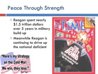 Peace Through Strength Reagan spent nearly $1.5 trillion dollars over 5 years in military build up Meanwhile Reagan is continuing to drive up the national deficient  