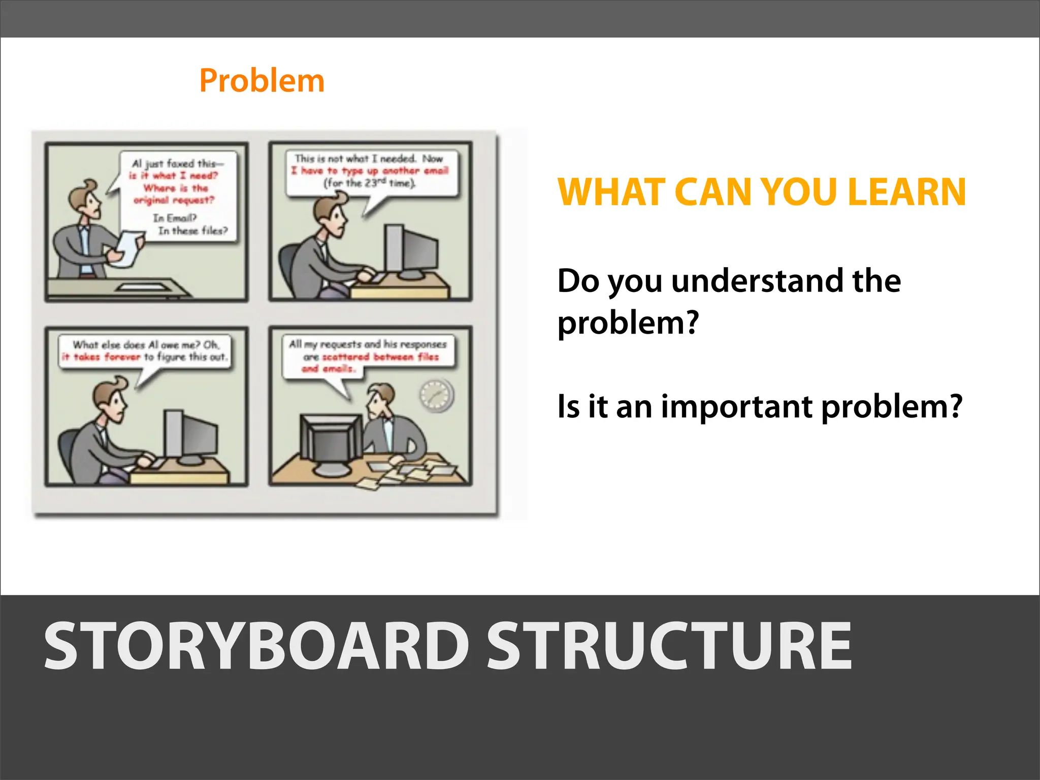 Problem


             WHAT CAN YOU LEARN

             Do you understand the
             problem?

             Is it an important problem?




STORYBOARD STRUCTURE
 