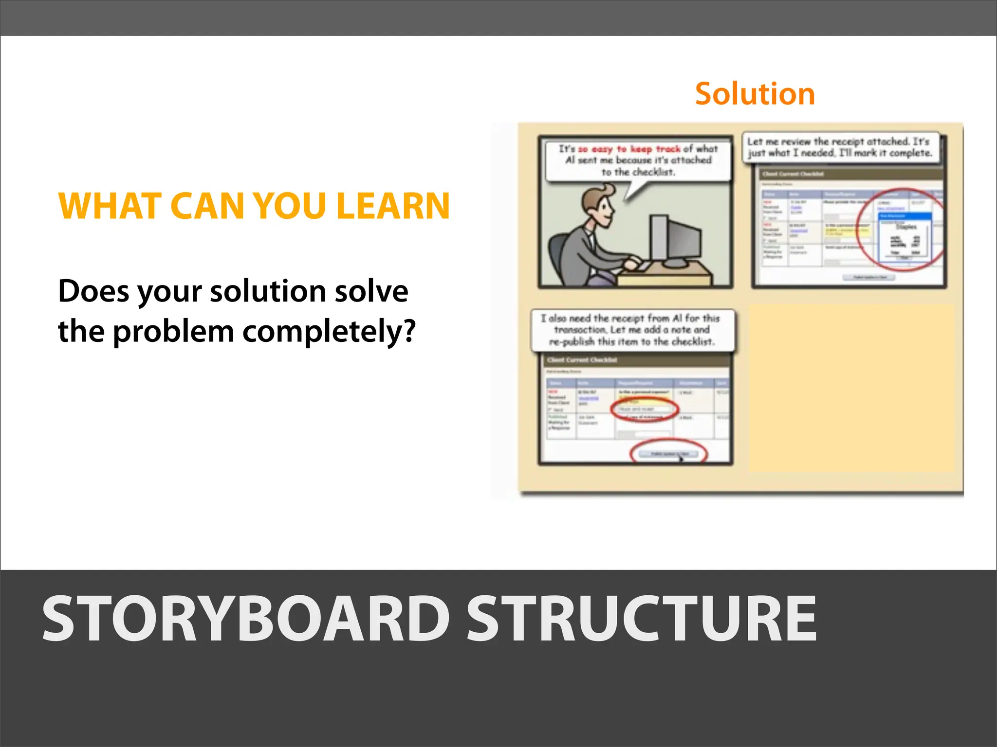 Solution


WHAT CAN YOU LEARN

Does your solution solve
the problem completely?




STORYBOARD STRUCTURE
 