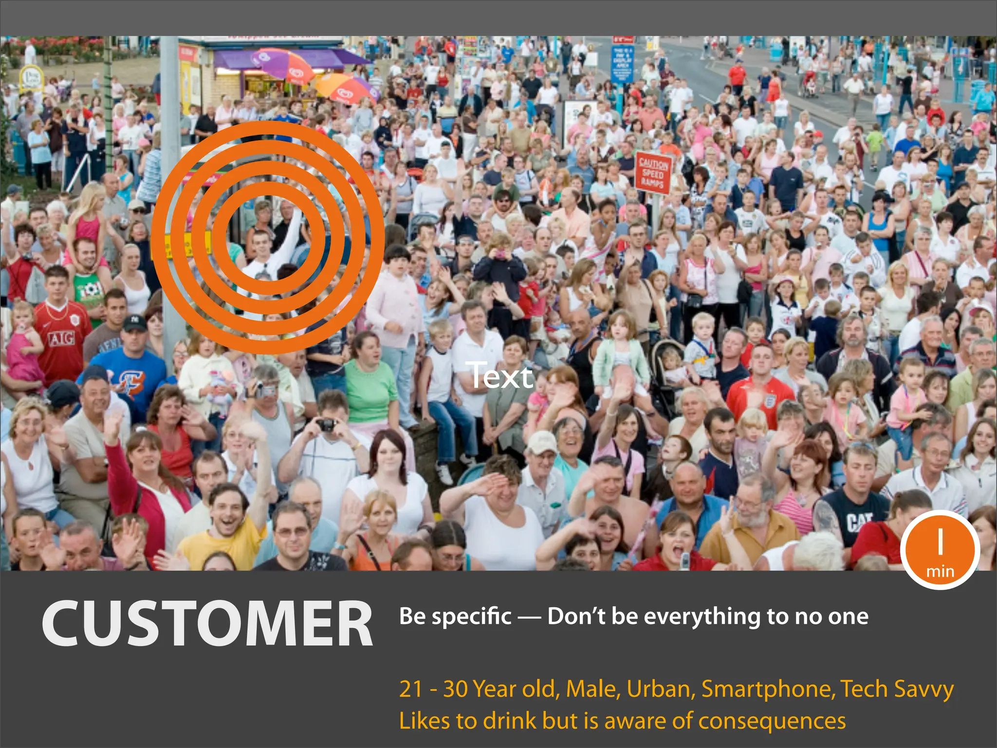 Text



                                                             1
                                                             min


CUSTOMER   Be speci c — Don’t be everything to no one

           21 - 30 Year old, Male, Urban, Smartphone, Tech Savvy
           Likes to drink but is aware of consequences
 