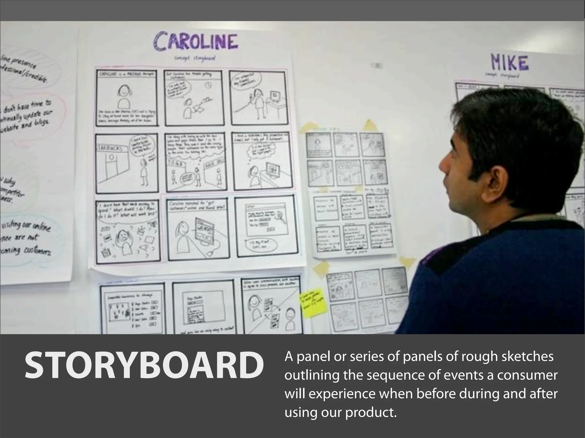 STORYBOARD   A panel or series of panels of rough sketches
             outlining the sequence of events a consumer
             will experience when before during and after
             using our product.
 