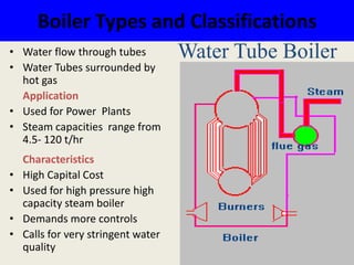 Boiler Types and Classifications
• Water flow through tubes
• Water Tubes surrounded by
hot gas
Application
• Used for Power Plants
• Steam capacities range from
4.5- 120 t/hr
Characteristics
• High Capital Cost
• Used for high pressure high
capacity steam boiler
• Demands more controls
• Calls for very stringent water
quality
Water Tube Boiler
 