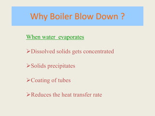 Why Boiler Blow Down ?
When water evaporates
Dissolved solids gets concentrated
Solids precipitates
Coating of tubes
Reduces the heat transfer rate
 