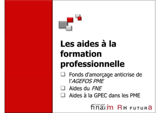 Les aides à la
formation
professionnelle
  Fonds d'amorçage anticrise de
  l’AGEFOS PME
  Aides du FNE
  Aides à la GPEC dans les PME
 