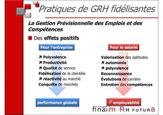 Pratiques de GRH fidélisantes
La Gestion Prévisionnelle des Emplois et des
Compétences
  Des effets positifs
     Pour l’e...