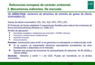 Referencias europeas de carácter ambiental. 
2. Mecanismos indirectos. De mercado. 
10. DIRECTIVA: comercio de derechos de emisión de gases de efecto 
invernadero (I). 
 Gases de efecto invernadero: CO2, CH4, N2O, HFC, PFC y SF6. 
 El Protocolo de Kyoto estableció 3 mecanismos flexibles para reducir las emisiones de 
100 
forma económicamente eficiente (JI, CDM, ET). 
 Ámbito de aplicación: 
 Actividades energéticas: Instalaciones de combustión  20 MWt, refinerías 
 Producción y transformación metales férreos 
 Industrias minerales 
 Otras actividades 
 Permiso: Autorización para emitir si se garantiza no sobrepasar un determinado nivel. 
 Si se supera, se presentarán derechos equivalentes procedentes de otras 
instalaciones o adquiridas en el mercado. 
 Sanción por exceso de emisiones no acompañadas de derechos: 40 €/t (2005) y 
100 €/t (2008) 
 Derecho: Derecho a emitir 1 t de CO2. Puede ser transferido en el ámbito 
comunitario. 
 