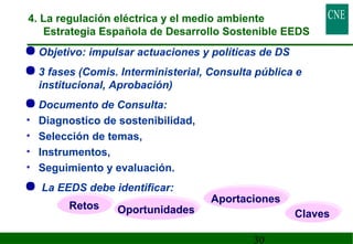 4. La regulación eléctrica y el medio ambiente 
Estrategia Española de Desarrollo Sostenible EEDS 
Objetivo: impulsar actuaciones y políticas de DS 
3 fases (Comis. Interministerial, Consulta pública e 
institucional, Aprobación) 
Documento de Consulta: 
• Diagnostico de sostenibilidad, 
• Selección de temas, 
• Instrumentos, 
• Seguimiento y evaluación. 
 La EEDS debe identificar: 
30 
RReettooss OOppoorrttuunniiddaaddeess 
AAppoorrttaacciioonneess 
CCllaavveess 
 