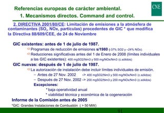 Referencias europeas de carácter ambiental. 
1. Mecanismos directos. Command and control. 
2. DIRECTIVA 2001/80/CE: Limitación de emisiones a la atmósfera de 
contaminantes (SO2, NOx, partículas) procedentes de GIC * que modifica 
la Directiva 88/609/CEE, de 24 de Noviembre 
91 
 GIC existentes: antes de 1 de julio de 1987. 
Programas de reducción de emisiones s/1980 (-37% SO2 y –24% NOx). 
Reducciones significativas antes del 1 de Enero de 2008 (límites individuales 
a las GIC existentes): 400 mgSO2/Nm3 y 500 mg/NOx/Nm3 (c.sólidos) 
 GIC nuevas: después de 1 de julio de 1987. 
La autorización de instalación debe incluir límites individuales de emisión. 
– Antes de 27 Nov. 2002 - 400 mgSO2/Nm3 y 500 mg/NOx/Nm3 (c.sólidos) 
– Después de 27 Nov. 2002 - 200 mgSO2/Nm3 y 200 mg/NOx/Nm3 (c.sólidos) 
Excepciones: 
* baja operatividad anual 
* viabilidad técnica y económica de la cogeneración 
 Informe de la Comisión antes de 2005 
*GIC: Grandes Instalac i ones de Combustión (  50 MW) 
 