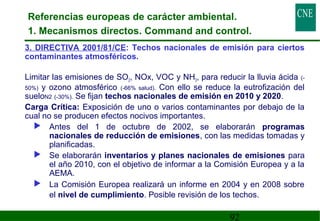 Referencias europeas de carácter ambiental. 
1. Mecanismos directos. Command and control. 
3. DIRECTIVA 2001/81/CE: Techos nacionales de emisión para ciertos 
contaminantes atmosféricos. 
 Limitar las emisiones de SO2, NOx, VOC y NH3, para reducir la lluvia ácida (- 
50%) y ozono atmosférico (-66% salud). Con ello se reduce la eutrofización del 
sueloN2 (-30%). Se fijan techos nacionales de emisión en 2010 y 2020. 
 Carga Crítica: Exposición de uno o varios contaminantes por debajo de la 
cual no se producen efectos nocivos importantes. 
 Antes del 1 de octubre de 2002, se elaborarán programas 
nacionales de reducción de emisiones, con las medidas tomadas y 
planificadas. 
 Se elaborarán inventarios y planes nacionales de emisiones para 
el año 2010, con el objetivo de informar a la Comisión Europea y a la 
AEMA. 
 La Comisión Europea realizará un informe en 2004 y en 2008 sobre 
el nivel de cumplimiento. Posible revisión de los techos. 
92 
 