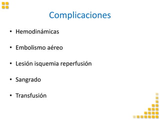Complicaciones
• Hemodinámicas
• Embolismo aéreo
• Lesión isquemia reperfusión
• Sangrado
• Transfusión
 
