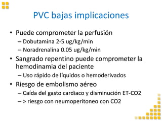PVC bajas implicaciones
• Puede comprometer la perfusión
– Dobutamina 2-5 ug/kg/min
– Noradrenalina 0.05 ug/kg/min
• Sangrado repentino puede comprometer la
hemodinamia del paciente
– Uso rápido de líquidos o hemoderivados
• Riesgo de embolismo aéreo
– Caída del gasto cardiaco y disminución ET-CO2
– > riesgo con neumoperitoneo con CO2
 