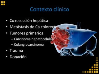 Contexto clínico
• Cx resección hepática
• Metástasis de Ca colorectal
• Tumores primarios
– Carcinoma hepatocelular
– Colangiocarcinoma
• Trauma
• Donación
 