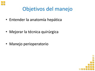 Objetivos del manejo
• Entender la anatomía hepática
• Mejorar la técnica quirúrgica
• Manejo perioperatorio
 