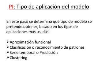 PI : Tipo de aplicación del modelo                                                           En este paso se determina qué tipo de modelo se pretende obtener, basado en los tipos de aplicaciones más usadas: Aproximación funcional Clasificación o reconocimiento de patrones Serie temporal o Predicción Clustering 