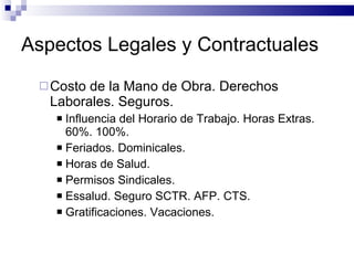 Aspectos Legales y Contractuales Costo de la Mano de Obra. Derechos Laborales. Seguros. Influencia del Horario de Trabajo. Horas Extras. 60%. 100%. Feriados. Dominicales. Horas de Salud. Permisos Sindicales. Essalud. Seguro SCTR. AFP. CTS. Gratificaciones. Vacaciones. 